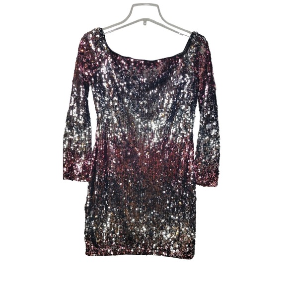Forever 21 Sequin Sparkly‎ Bodycon Mini Dress Medium Silver And Pink Long Sleeve - Picture 1 of 7